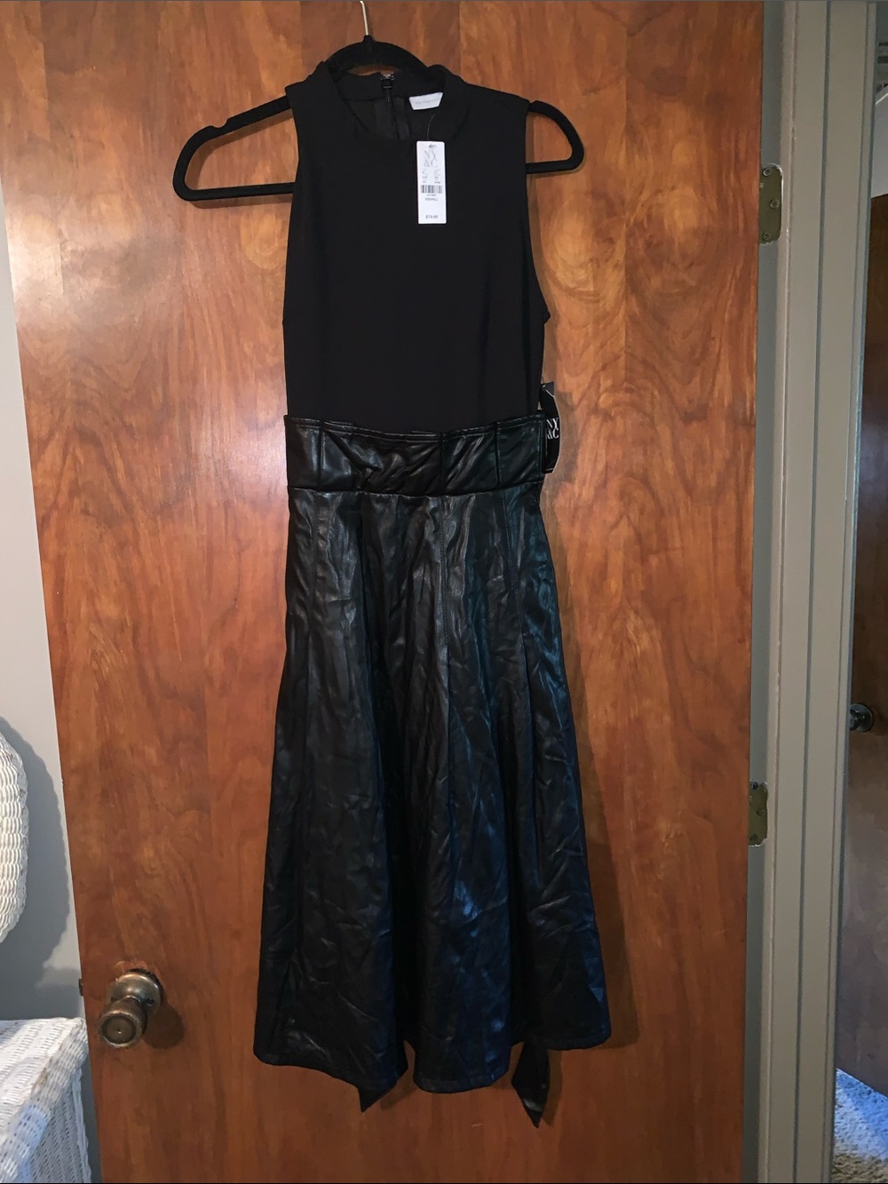 New York & Company Black Sleeveless Midi Dress with Faux-Leather Skirt